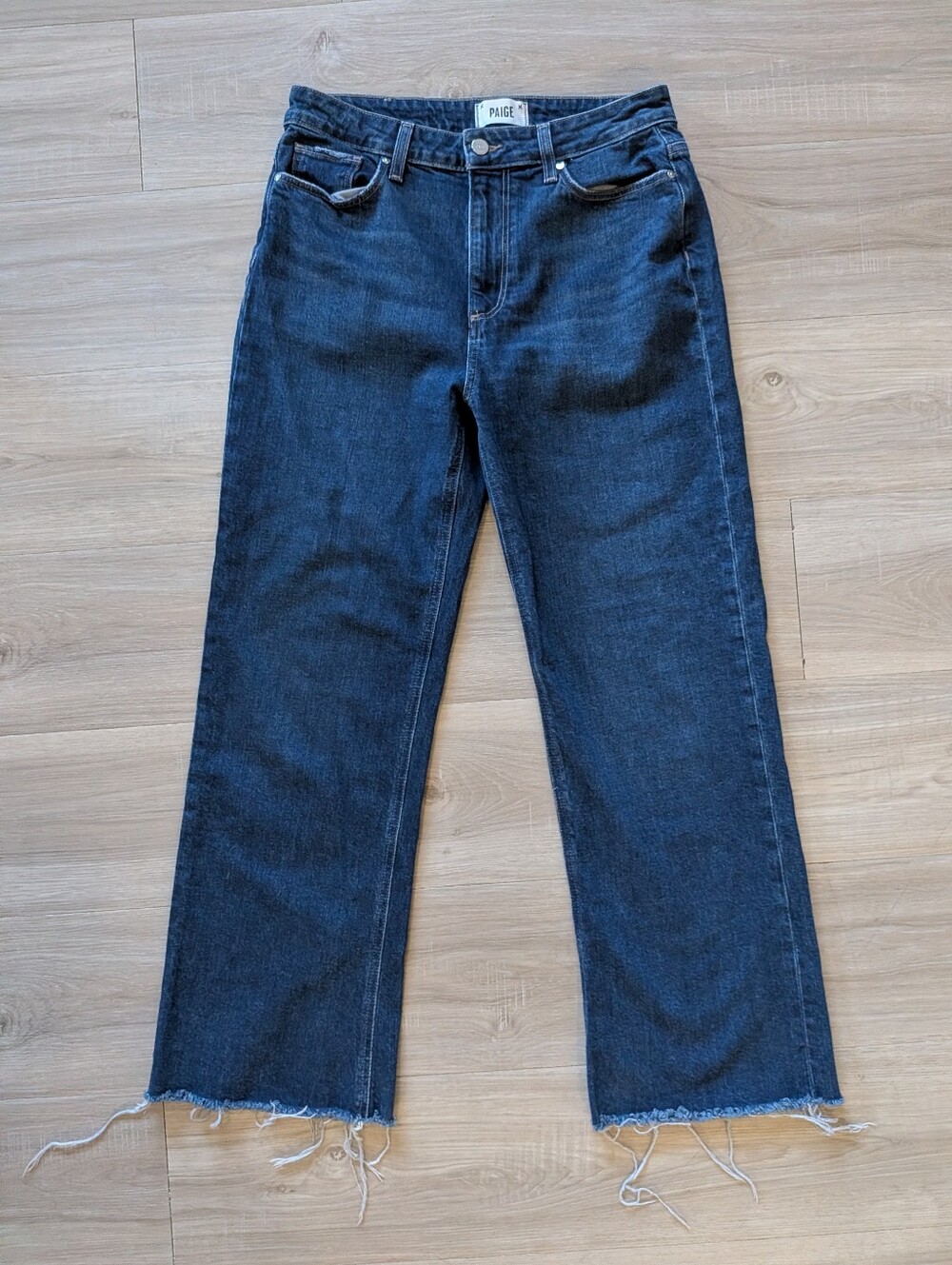 PAIGE Leenah Ankle Dark Blue Wide Leg Raw-Hem Jeans